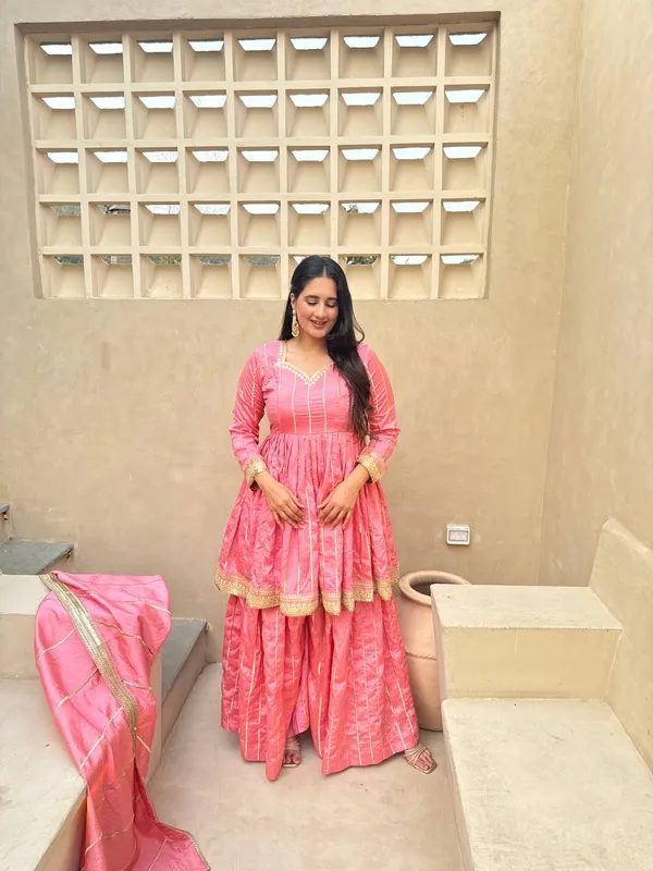 Pink_Vichitra_Silk_Zari_Striped_Anarkali_Sharara_Dupatta_Set_For_Women