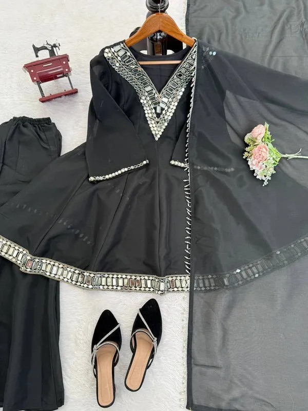 Black_Chanderi_Silk_Mirror_Work_Embroidered_Kurta_Sharara_Set_For_Women