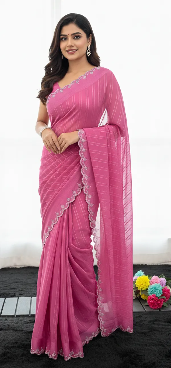Pink_Chiffon_Striped_Scalloped_Border_Saree_For_Women