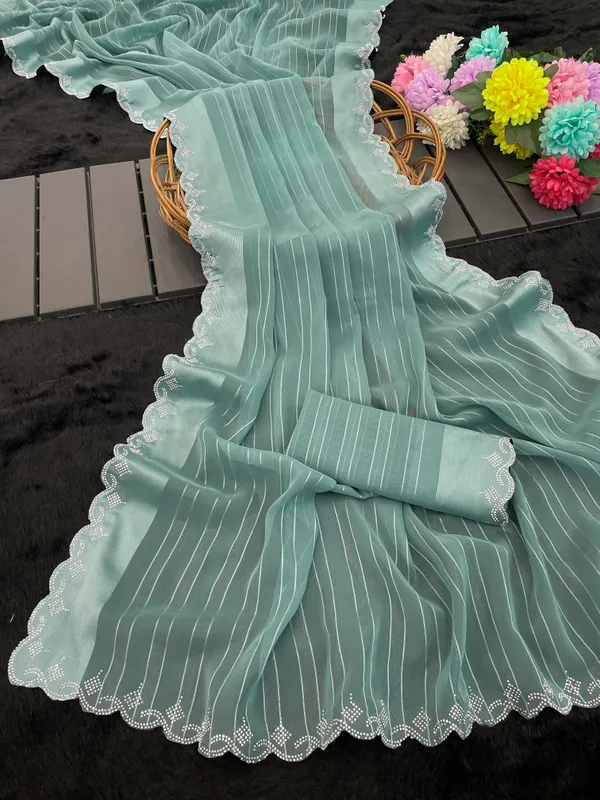 Sea_Green_Chiffon_Striped_Scalloped_Border_Saree_For_Women
