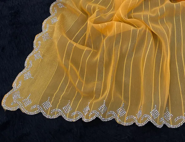 Yellow_Chiffon_Striped_Scalloped_Border_Saree_For_Women