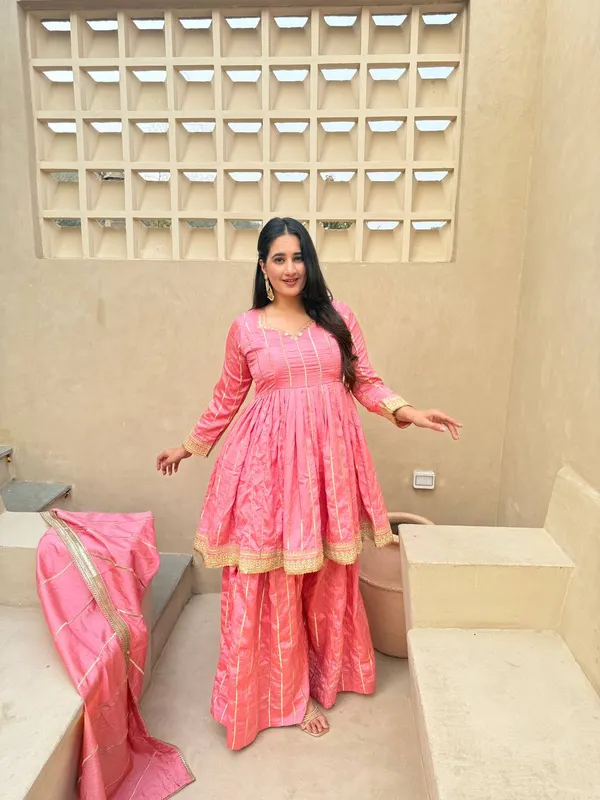 Pink_Vichitra_Silk_Zari_Striped_Anarkali_Sharara_Dupatta_Set_For_Women