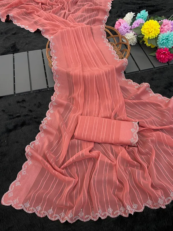 Peach_Chiffon_Striped_Scalloped_Border_Saree_For_Women