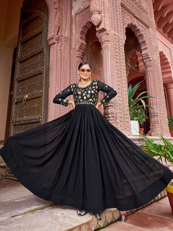 Black_Georgette_Zari_Embroidered_Flared_Anarkali_Gown_For_Women