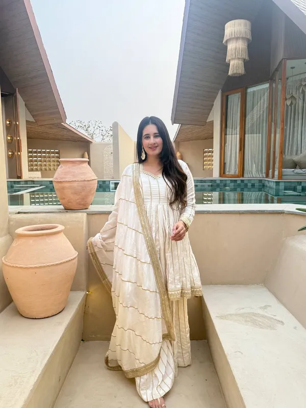 White_Gold_Vichitra_Silk_Striped_Anarkali_Gharara_Dupatta_Set_For_Women