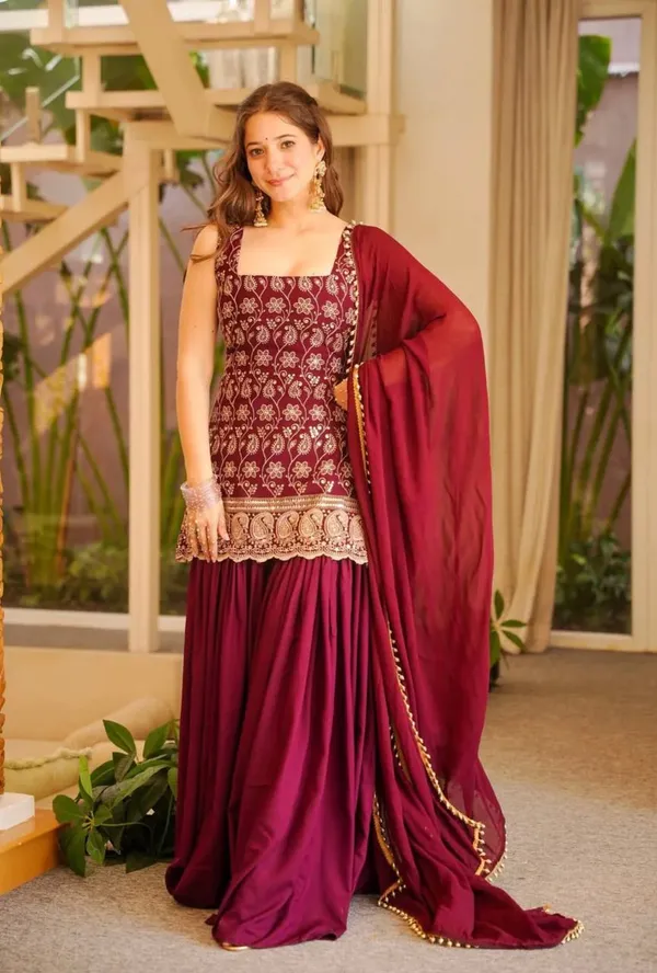 Maroon_Georgette_Embroidered_Sleeveless_Kurta_Sharara_Set_For_Women