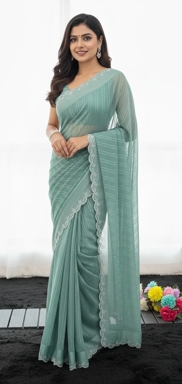 Sea_Green_Chiffon_Striped_Scalloped_Border_Saree_For_Women