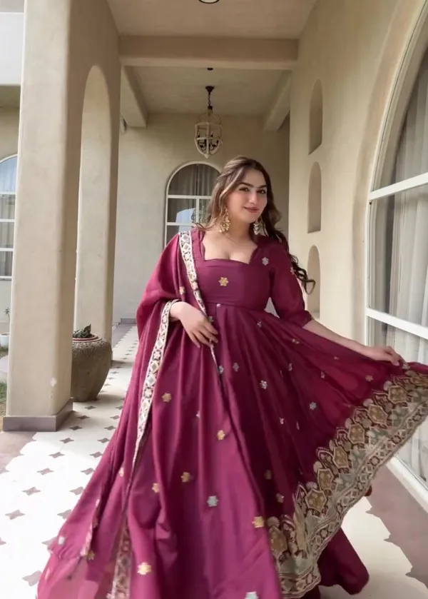Maroon_Crepe_Silk_Embroidered_Anarkali_Gown_Palazzo_Dupatta_For_Women