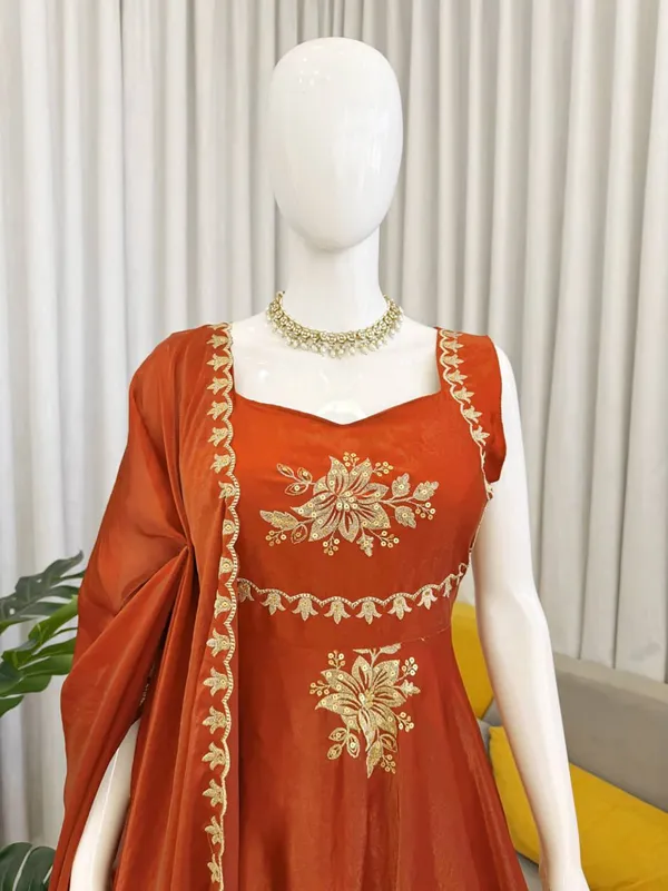 Orange_Silk_Floral_Embroidered_Anarkali_Kurta_Palazzo_Dupatta_For_Women