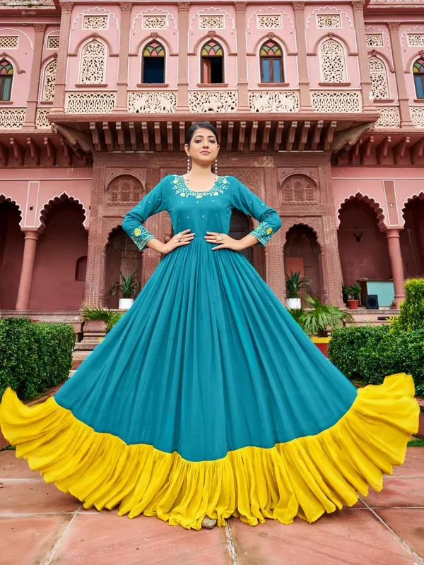 Teal_Rayon_Embroidered_Anarkali_Gown_With_Yellow_Ruffled_Hem_For_Women