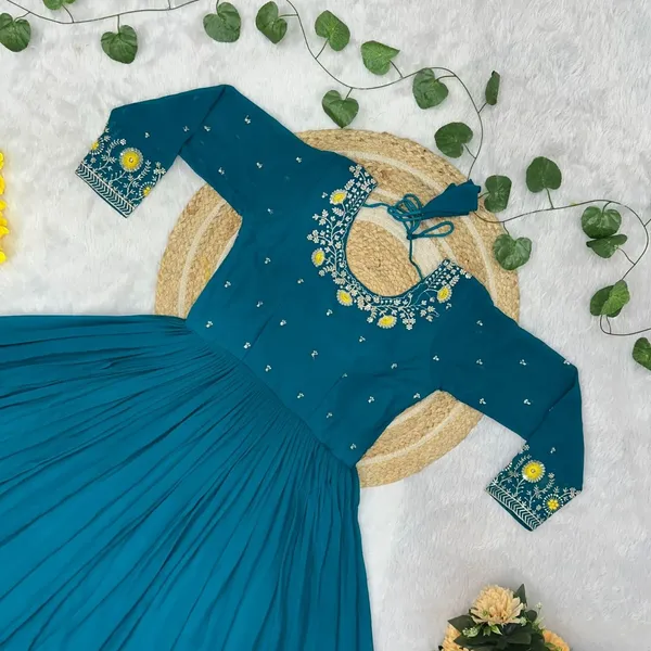 Teal_Rayon_Embroidered_Anarkali_Gown_With_Yellow_Ruffled_Hem_For_Women