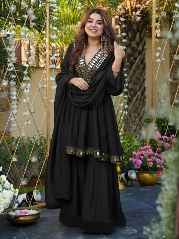 Black_Chanderi_Silk_Mirror_Work_Embroidered_Kurta_Sharara_Set_For_Women