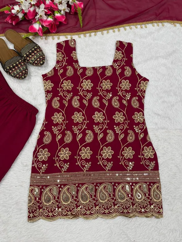 Maroon_Georgette_Embroidered_Sleeveless_Kurta_Sharara_Set_For_Women