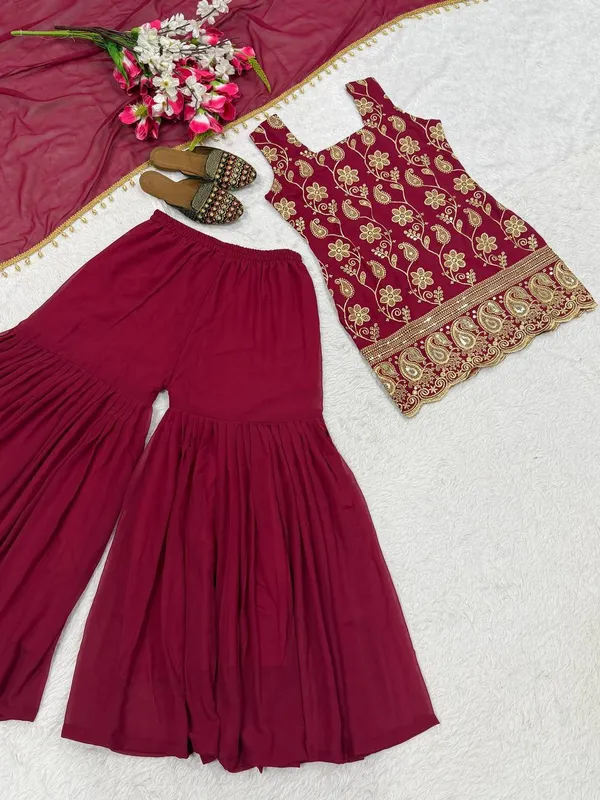 Maroon_Georgette_Embroidered_Sleeveless_Kurta_Sharara_Set_For_Women