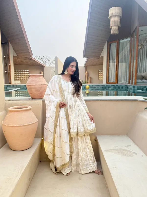 White_Gold_Vichitra_Silk_Striped_Anarkali_Gharara_Dupatta_Set_For_Women