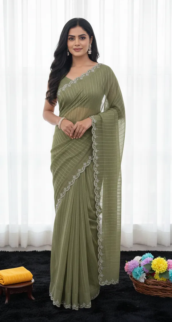 Olive_Green_Chiffon_Embroidered_Scalloped_Border_Saree_For_Women
