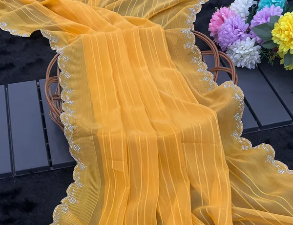 Yellow_Chiffon_Striped_Scalloped_Border_Saree_For_Women