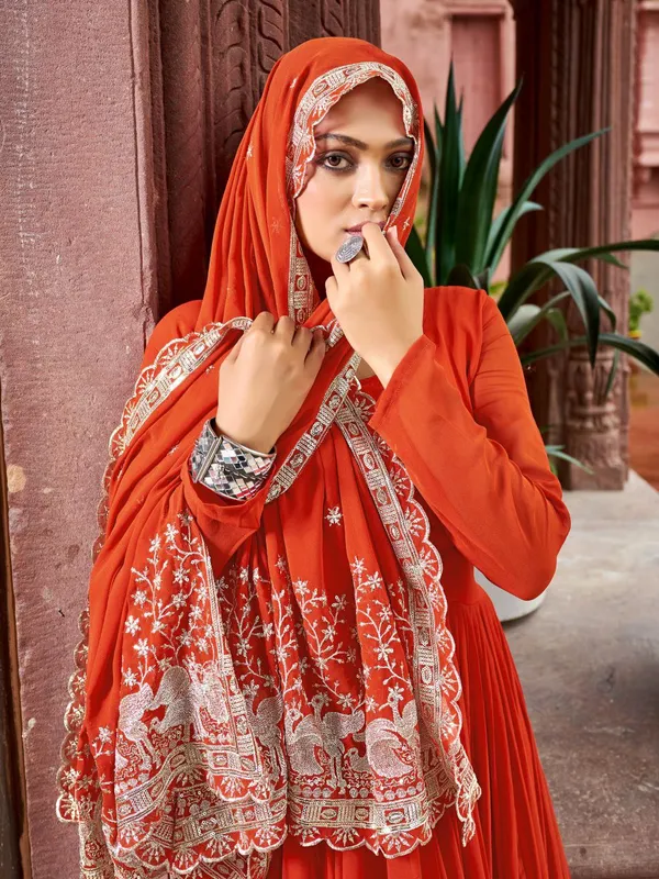 Rust_Orange_Georgette_Flared_Anarkali_Gown_With_Dupatta_For_Women