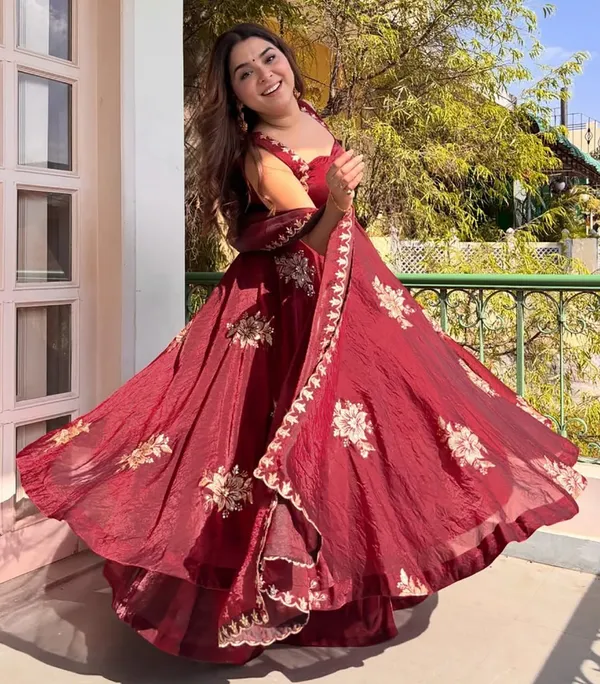 Maroon_Silk_Embroidered_Anarkali_Kurta_Palazzo_Dupatta_Set_For_Women