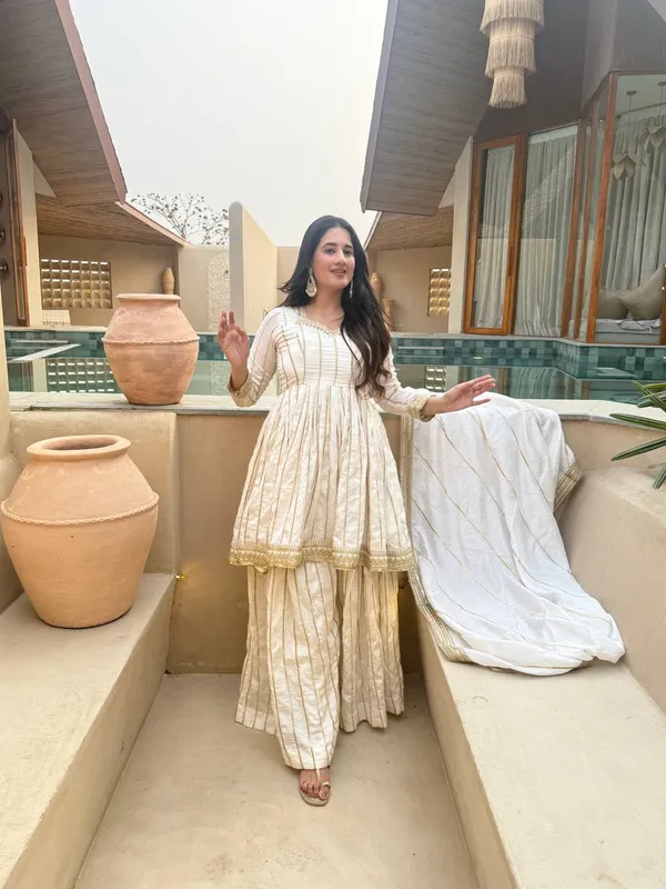 White_Gold_Vichitra_Silk_Striped_Anarkali_Gharara_Dupatta_Set_For_Women
