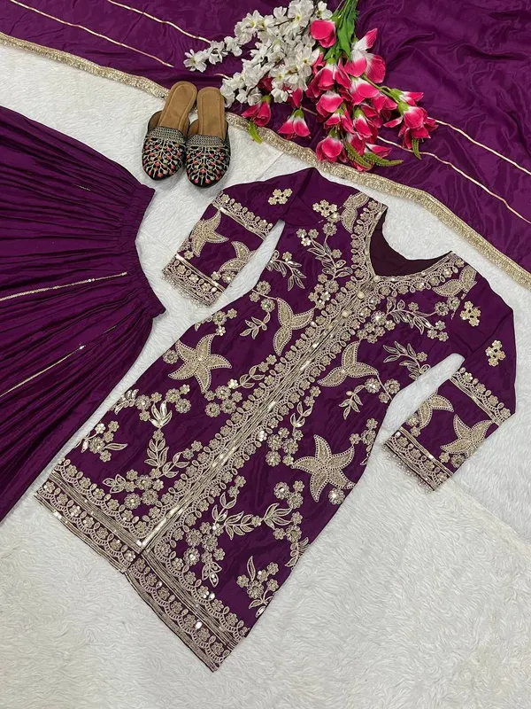 Purple_Chinnon_Silk_Embroidered_Flared_Kurta_Sharara_Set_For_Women