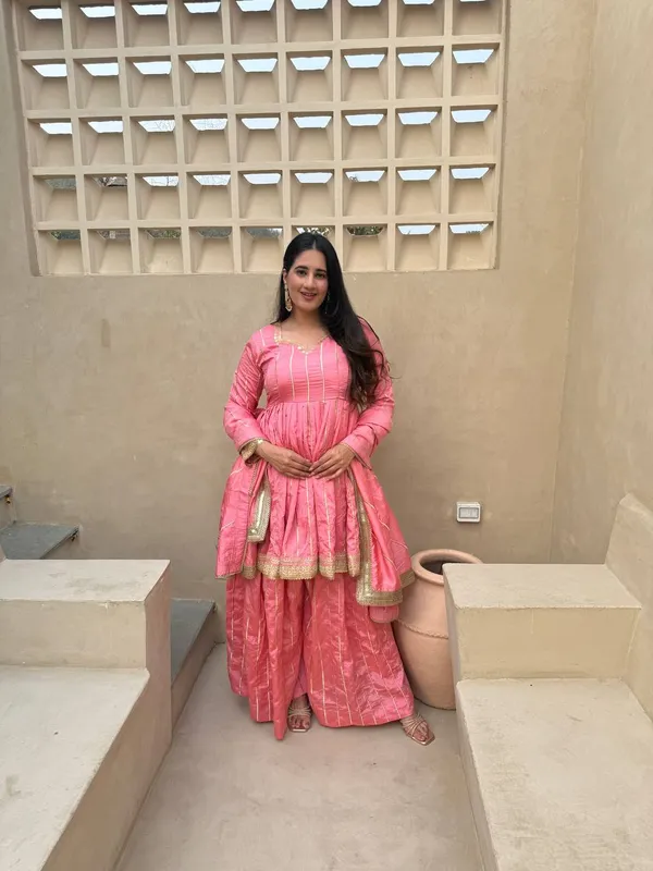 Pink_Vichitra_Silk_Zari_Striped_Anarkali_Sharara_Dupatta_Set_For_Women