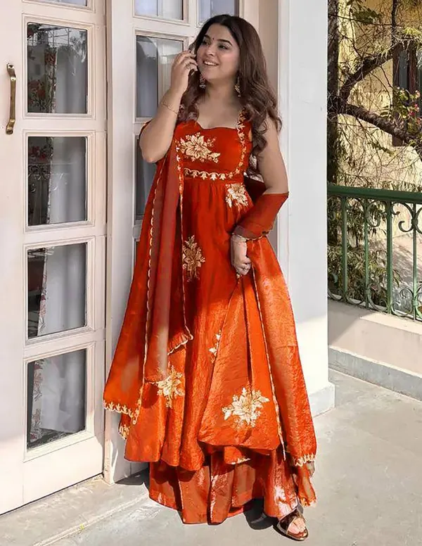 Orange_Silk_Floral_Embroidered_Anarkali_Kurta_Palazzo_Dupatta_For_Women