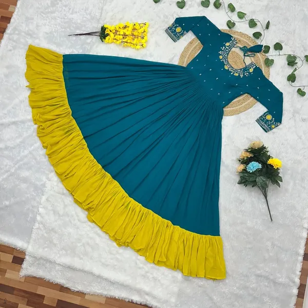 Teal_Rayon_Embroidered_Anarkali_Gown_With_Yellow_Ruffled_Hem_For_Women