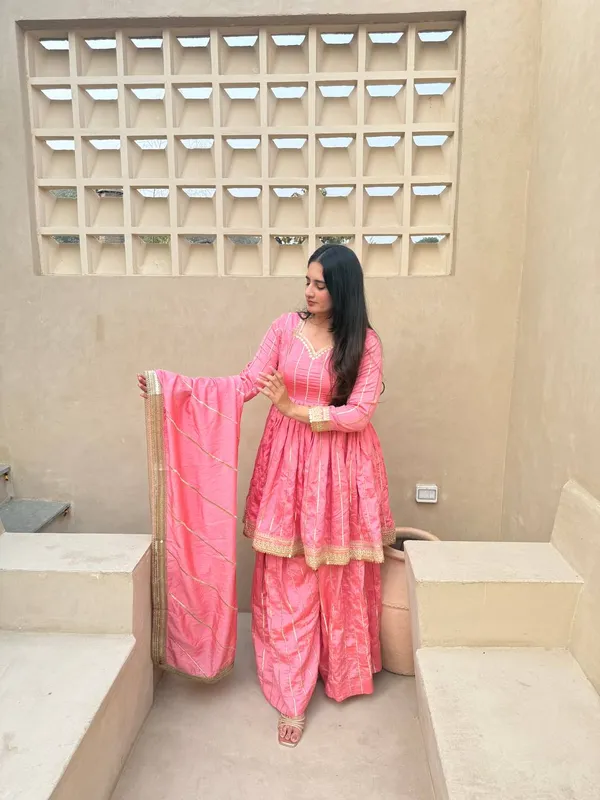 Pink_Vichitra_Silk_Zari_Striped_Anarkali_Sharara_Dupatta_Set_For_Women