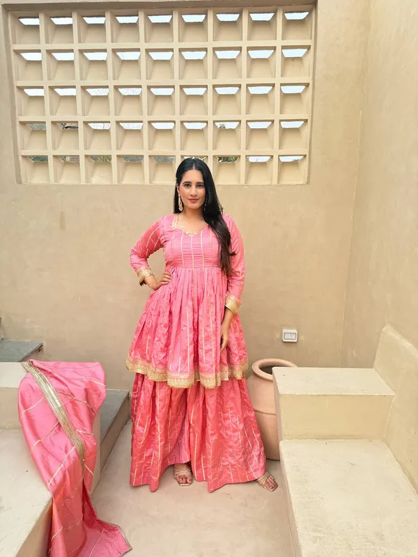Pink_Vichitra_Silk_Zari_Striped_Anarkali_Sharara_Dupatta_Set_For_Women