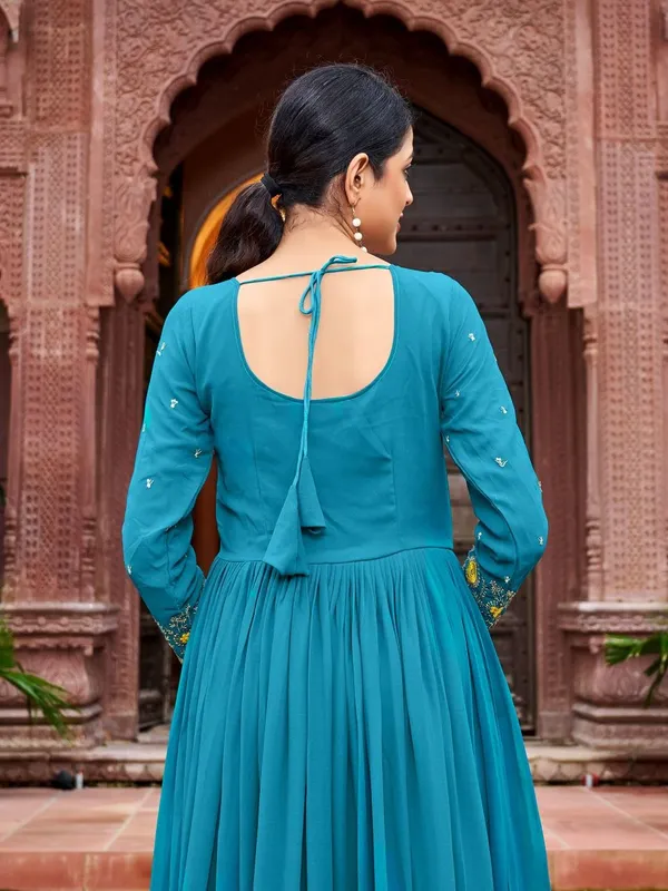 Teal_Rayon_Embroidered_Anarkali_Gown_With_Yellow_Ruffled_Hem_For_Women