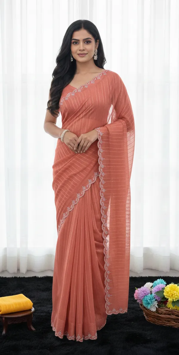 Peach_Chiffon_Striped_Scalloped_Border_Saree_For_Women