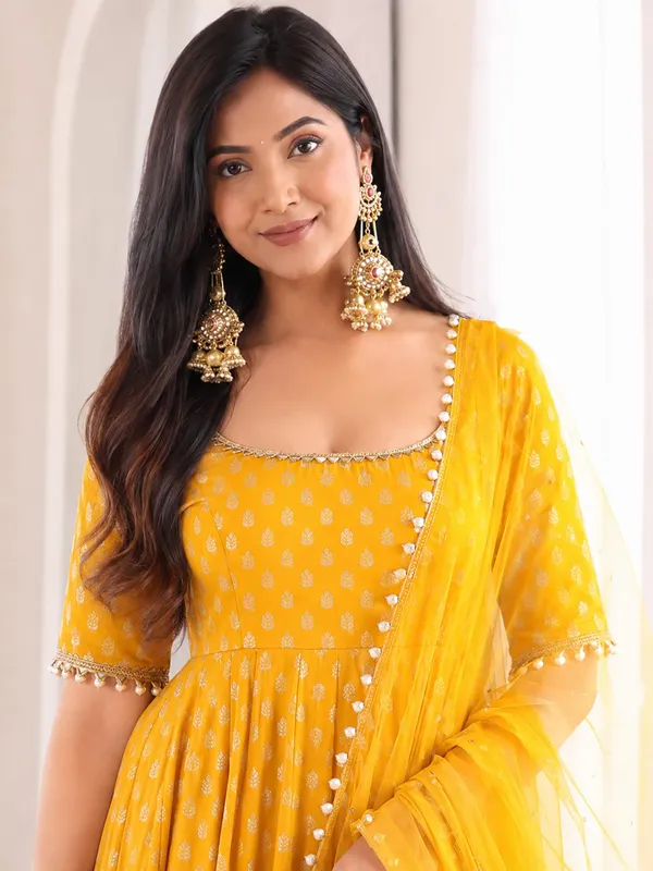 Yellow_Chanderi_Jacquard_Printed_Anarkali_Kurta_Pant_Set_For_Women