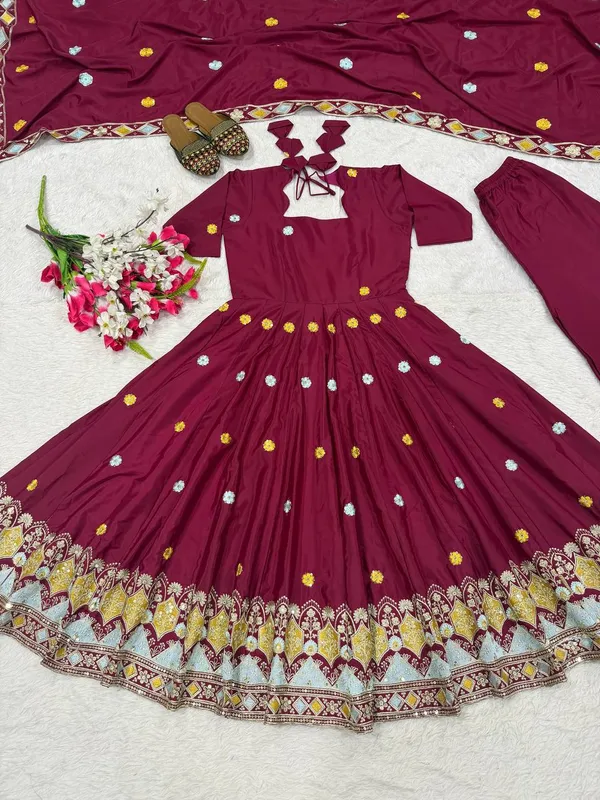 Maroon_Crepe_Silk_Embroidered_Anarkali_Gown_Palazzo_Dupatta_For_Women
