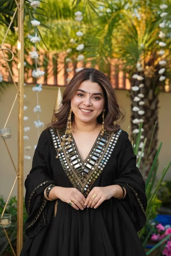Black_Chanderi_Silk_Mirror_Work_Embroidered_Kurta_Sharara_Set_For_Women