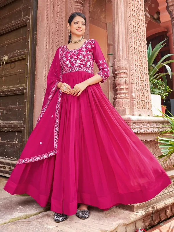 Pink_Georgette_Floral_Embroidered_Anarkali_Gown_With_Dupatta_For_Women
