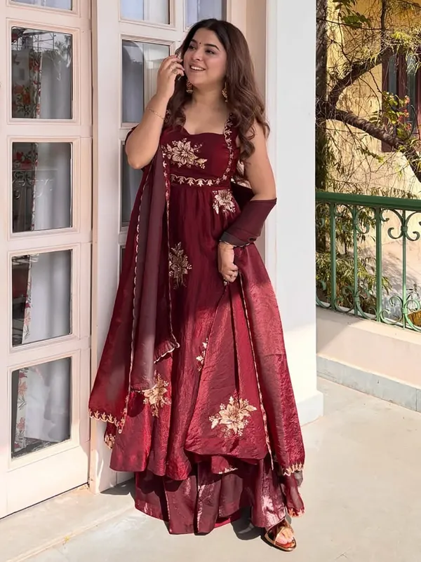 Maroon_Silk_Embroidered_Anarkali_Kurta_Palazzo_Dupatta_Set_For_Women