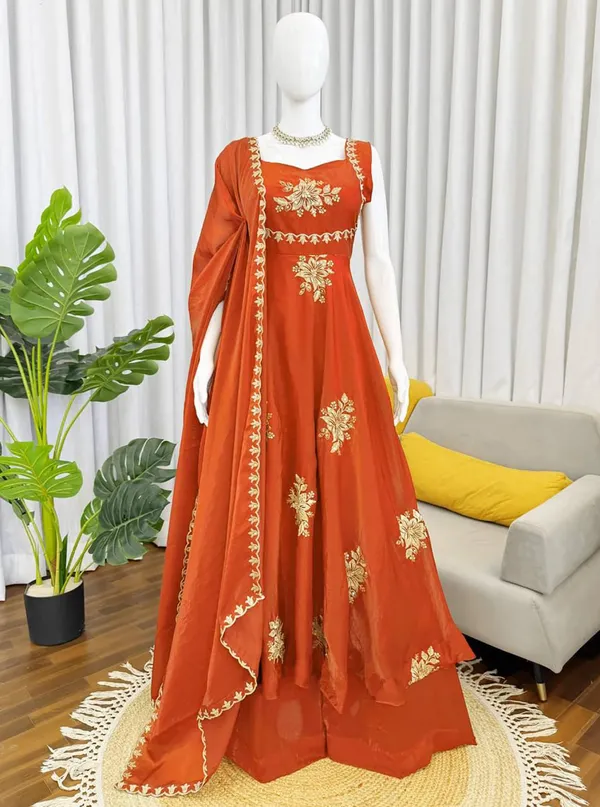 Orange_Silk_Floral_Embroidered_Anarkali_Kurta_Palazzo_Dupatta_For_Women