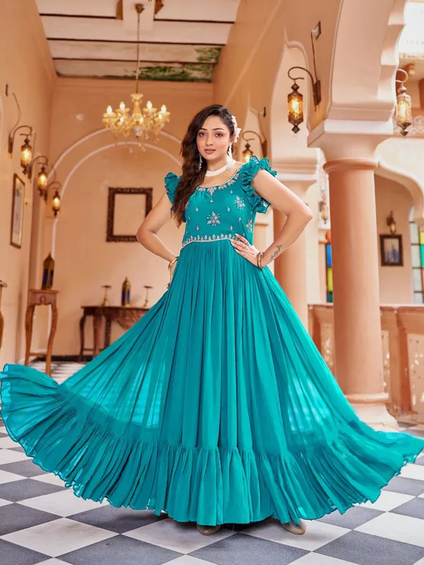 Teal_Georgette_Embroidered_Flared_Anarkali_Gown_For_Women