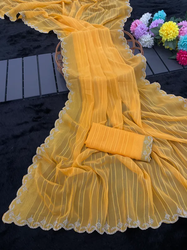 Yellow_Chiffon_Striped_Scalloped_Border_Saree_For_Women