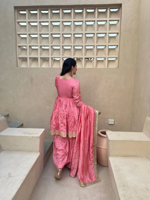Pink_Vichitra_Silk_Zari_Striped_Anarkali_Sharara_Dupatta_Set_For_Women