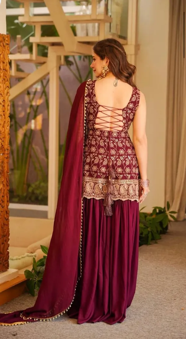 Maroon_Georgette_Embroidered_Sleeveless_Kurta_Sharara_Set_For_Women
