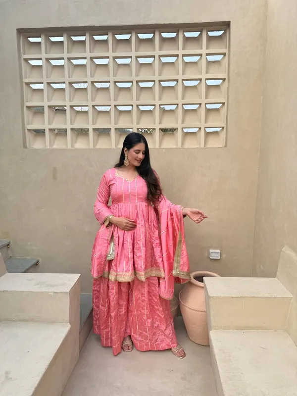 Pink_Vichitra_Silk_Zari_Striped_Anarkali_Sharara_Dupatta_Set_For_Women