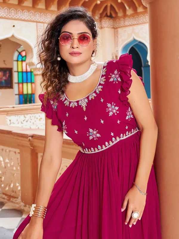 Magenta_Georgette_Embroidered_Ruffle_Sleeve_Flared_Gown_For_Women