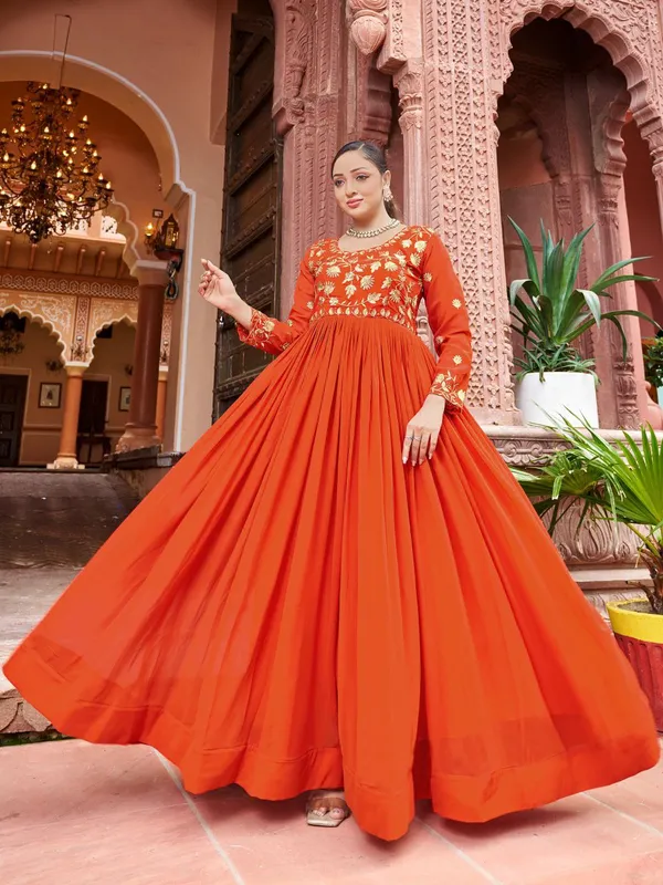 Orange_Georgette_Zari_Sequin_Embroidered_Flared_Anarkali_Gown_For_Women