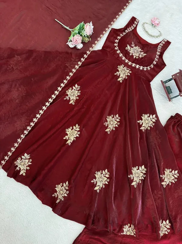 Maroon_Silk_Embroidered_Anarkali_Kurta_Palazzo_Dupatta_Set_For_Women