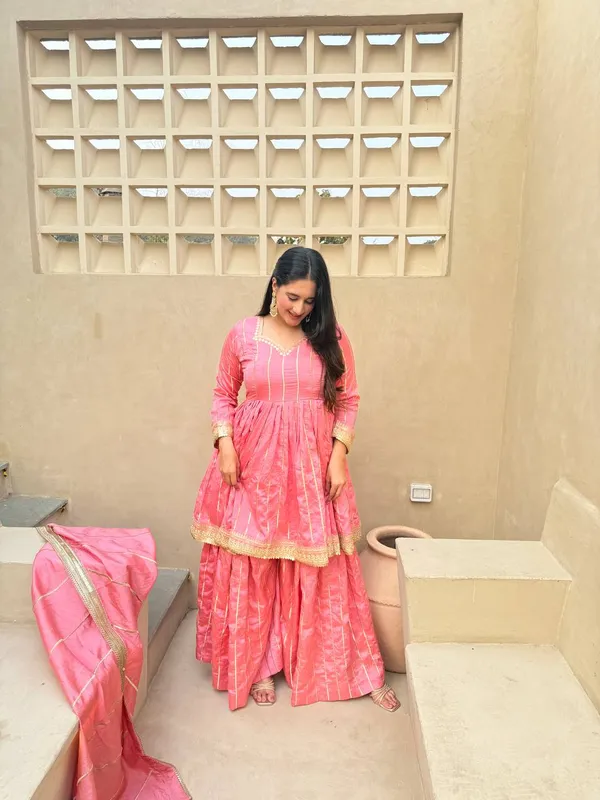 Pink_Vichitra_Silk_Zari_Striped_Anarkali_Sharara_Dupatta_Set_For_Women