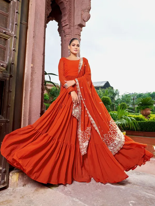 Rust_Orange_Georgette_Flared_Anarkali_Gown_With_Dupatta_For_Women