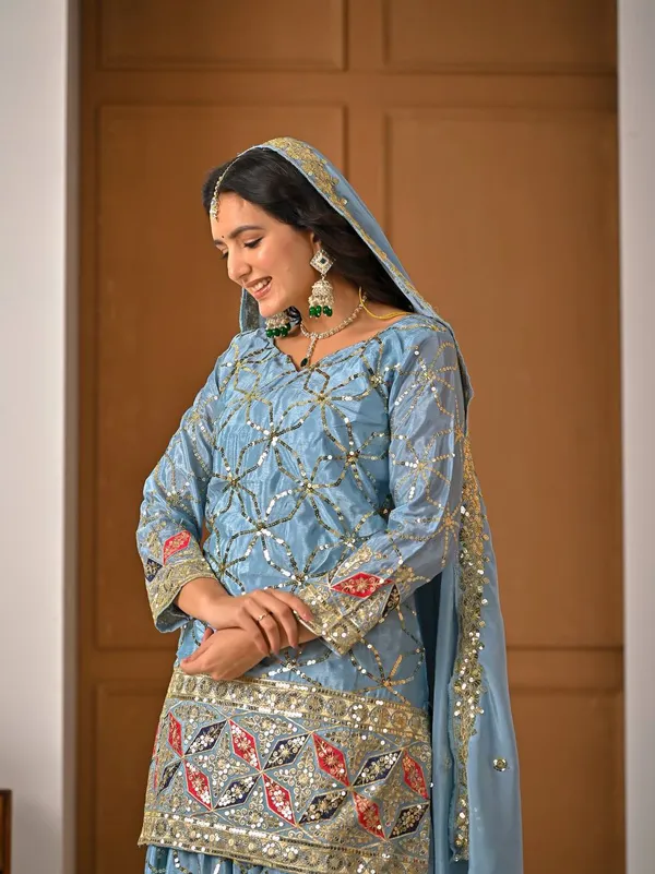 Blue_Georgette_Sequin_Mirror_Work_Embroidered_Sharara_Suit_For_Women