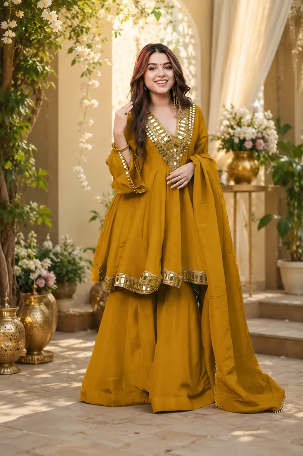 Mustard_Yellow_Chanderi_Silk_Peplum_Kurta_Sharara_Set_For_Women